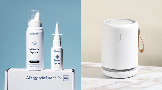 Allermi Salinity Spray and Super Spray bottles on a branded box, beside a white Molekule air purifier