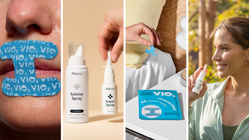Four-panel collage of Allermi nasal sprays and blue VIO2 mouth tape, including close-ups and a woman using a spray outdoors