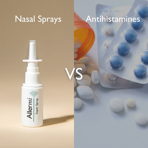 Split graphic comparing nasal sprays and antihistamines, with an Allermi Super Spray bottle versus pills.