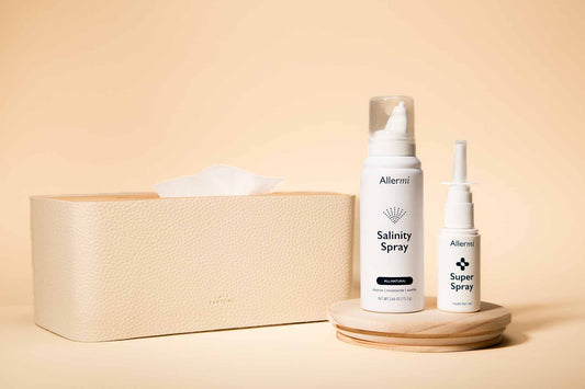 a bottle of allermi salinity nasal spray and super spray