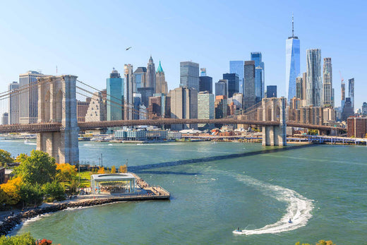 Brooklyn Bridge and Lower Manhattan skyline in New York City, seen across the water on a clear day
