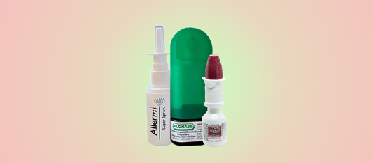 Three nasal spray bottles side by side, including Allermi Super Spray and green Flonase