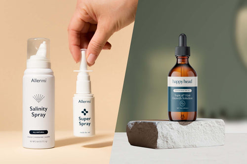 Allermi Salinity Spray and Super Spray nasal bottles beside a Happy Head hair growth solution dropper bottle